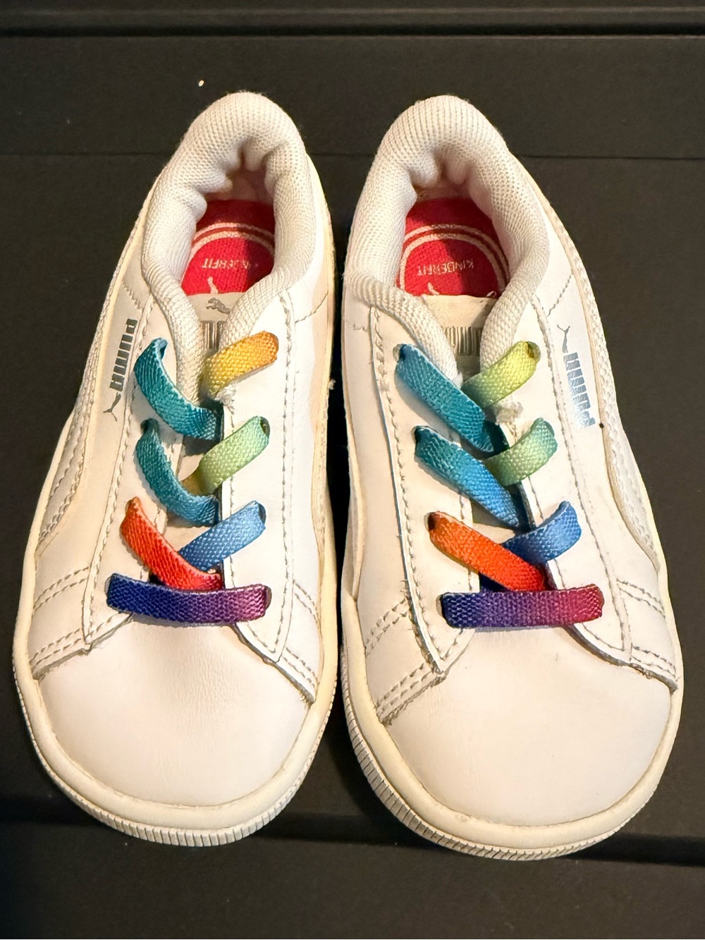 Puma Kids White Sneakers with Rainbow Shoelaces